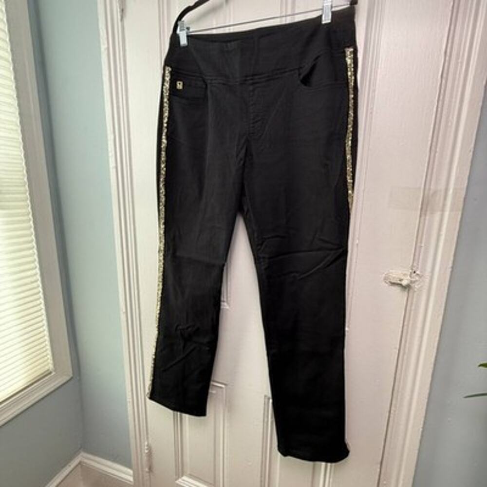 Belle by Kim Gravel TripleLuxe Twill Pants Womens 14 Black Gold Sequin Stripe
